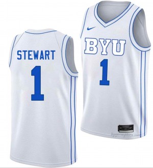 BYU Cougars Men Trey Stewart #1 White Basketball NCAA Premium Embroidered Jersey 73036944