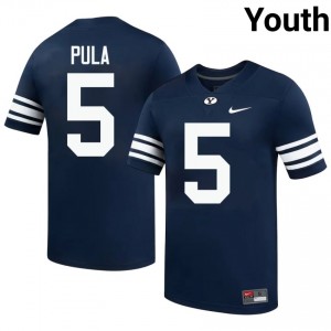 Official #5 Jaron Pula Navy BYU Youth Player Football Pro-Grade Embroidered Jersey 62824692